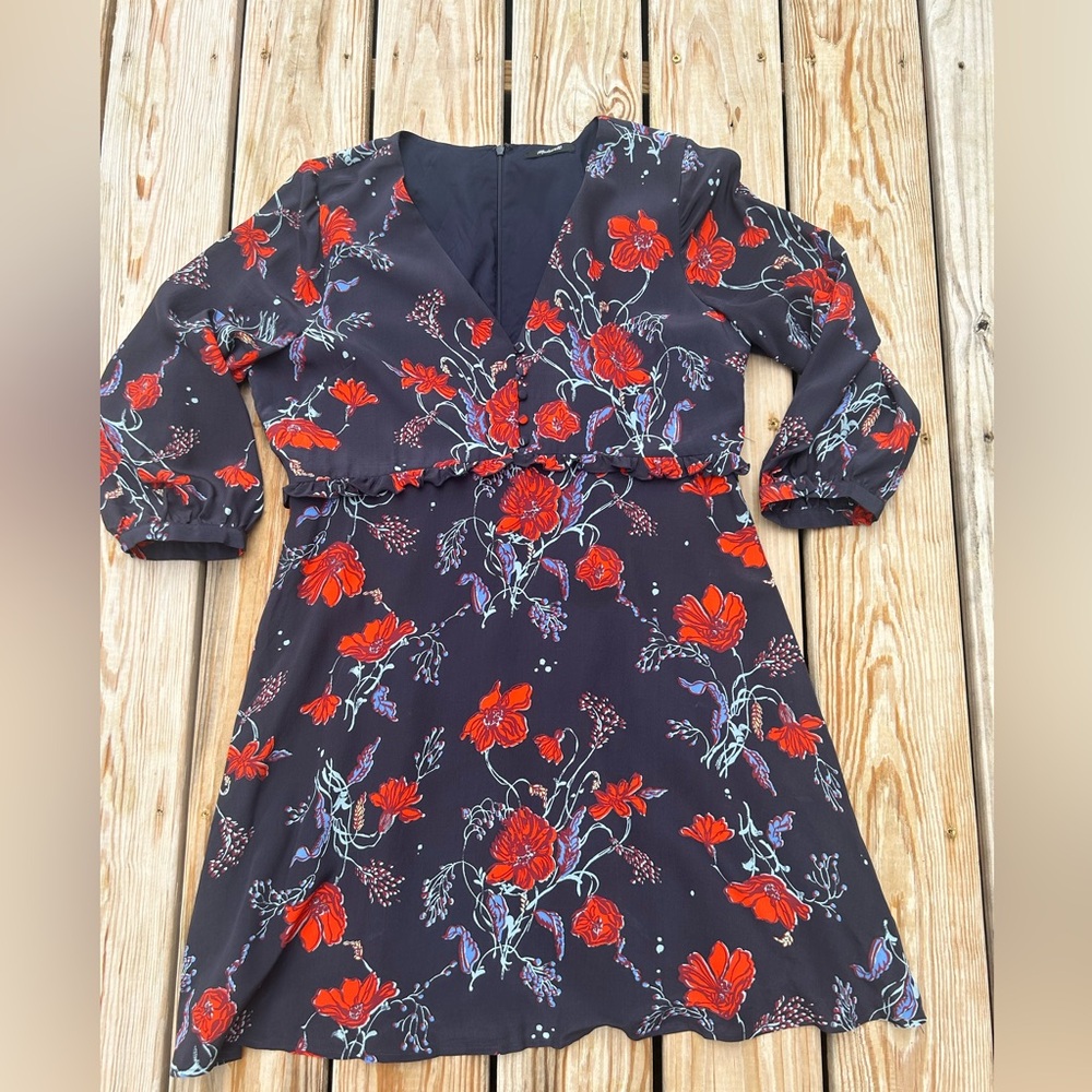 MADEWELL Silk Ruffle-Waist Dress in‎ Windblown Poppies 3/4 sleeve mini SZ 12 EUC